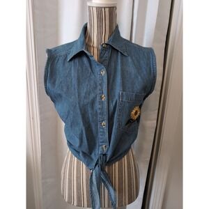 Vtg. Original Cotton Express Blues Sleeveless Tie Front Daisy Embroidered Top Y2